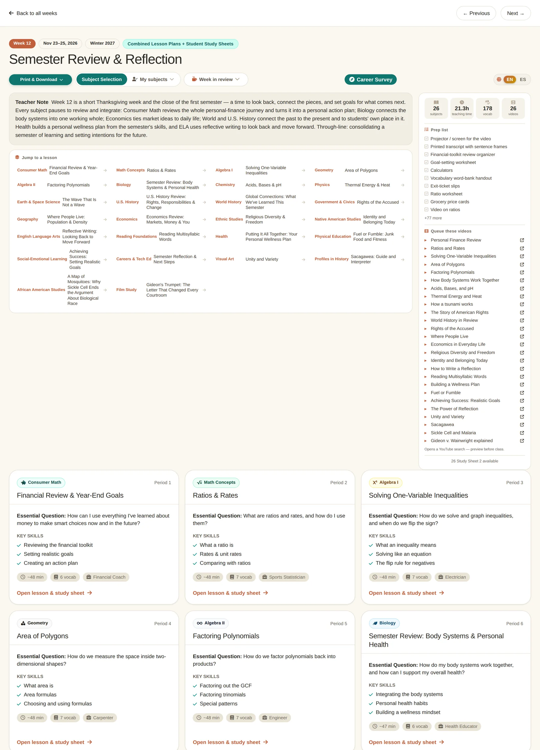 Week 12, Semester Review & Reflection: the teacher note, the jump map across all 26 subjects, the prep list, and the queued videos. The counters at the right are that week’s real totals.